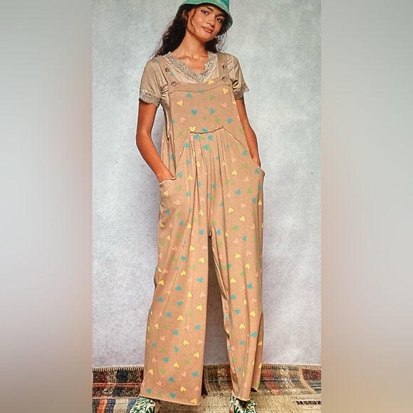 POL Pants - POL Beige Heart-Print Wide-Leg Jumpsuit